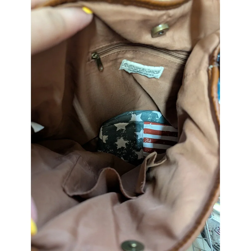 T-Shirt & Jeans Womens Star Print Canvas Hobo Bag Blue Brown Faux Leather Trim